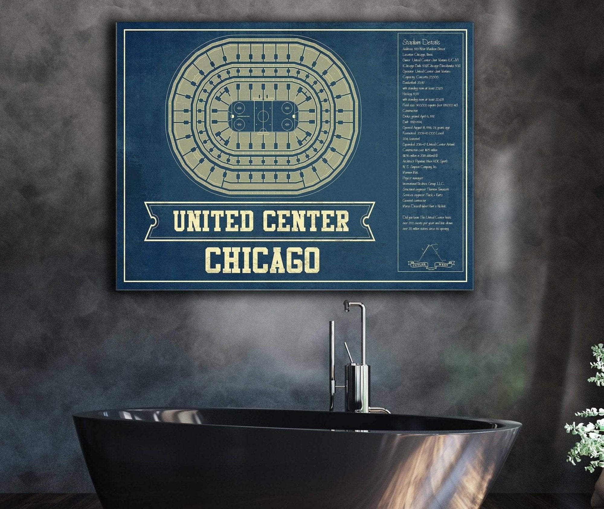 Cutler West Chicago Blackhawks - United Center Vintage Hockey Blueprint NHL Print