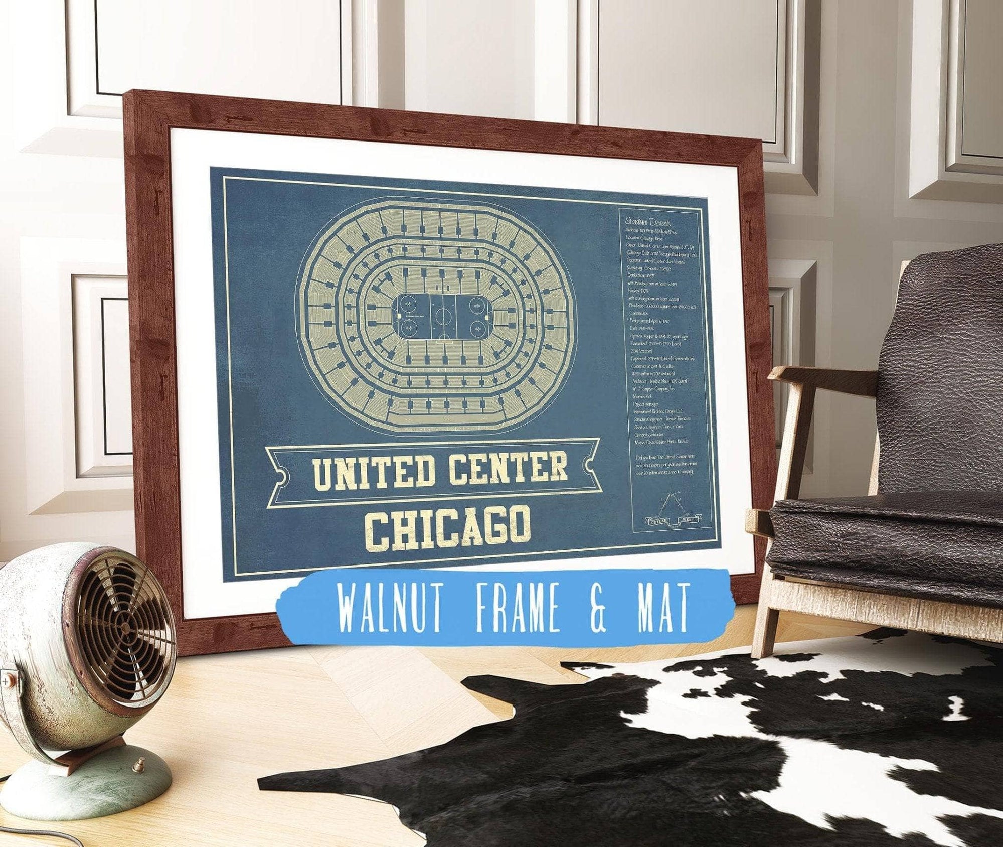Cutler West 14" x 11" / Walnut Frame & Mat Chicago Blackhawks - United Center Vintage Hockey Blueprint NHL Print 933350189_79009