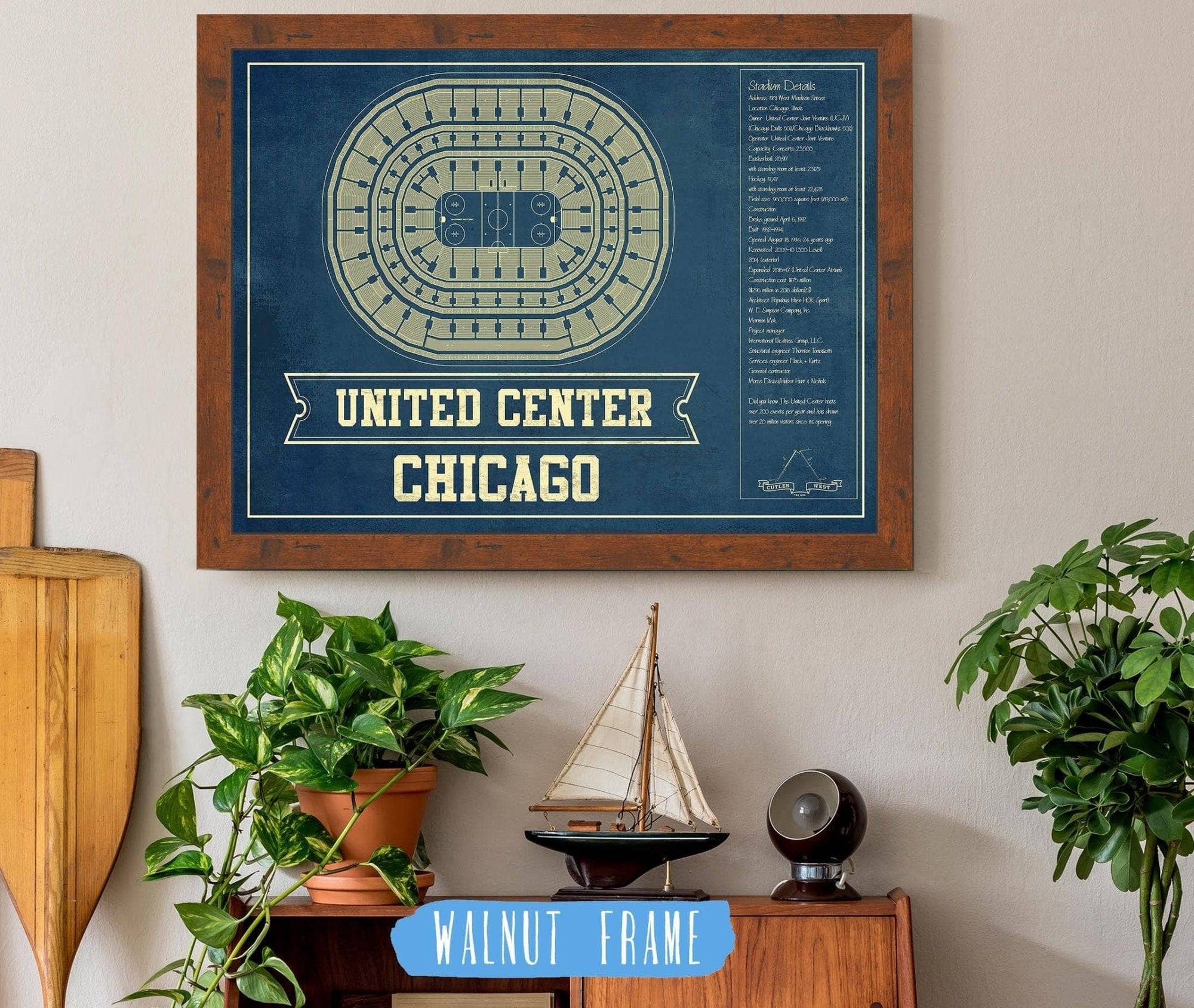 Cutler West 14" x 11" / Walnut Frame Chicago Blackhawks - United Center Vintage Hockey Blueprint NHL Print 933350189_79008