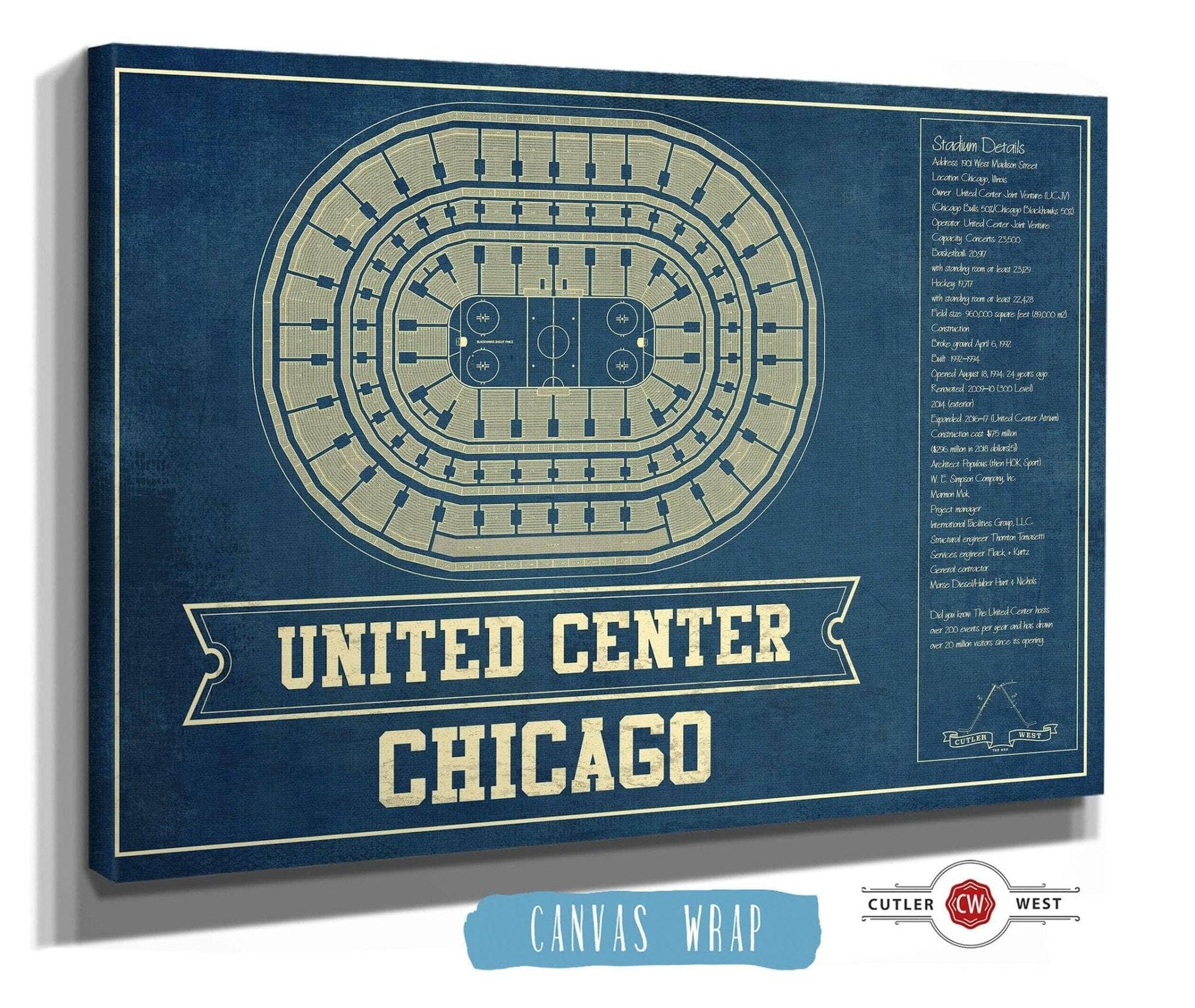 Cutler West 14" x 11" / Stretched Canvas Wrap Chicago Blackhawks - United Center Vintage Hockey Blueprint NHL Print 933350189_79010