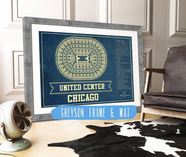 14" x 11" / Greyson Frame Mat Cutler West Chicago Bulls United Center Vintage Basketball Blueprint NBA Print