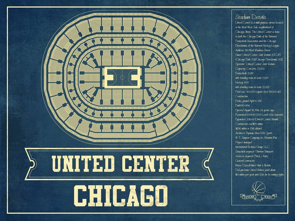 14" x 11" / Stretched Canvas Wrap Cutler West Chicago Bulls United Center Vintage Basketball Blueprint NBA Print