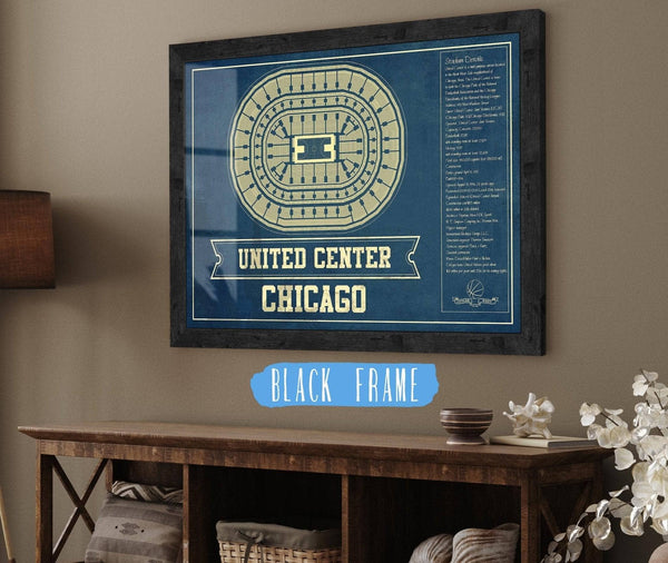 20" x 16" / Black Frame Cutler West Chicago Bulls United Center Vintage Basketball Blueprint NBA Print