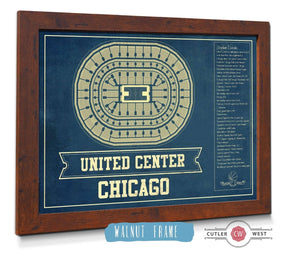 20" x 16" / Walnut Frame Cutler West Chicago Bulls United Center Vintage Basketball Blueprint NBA Print