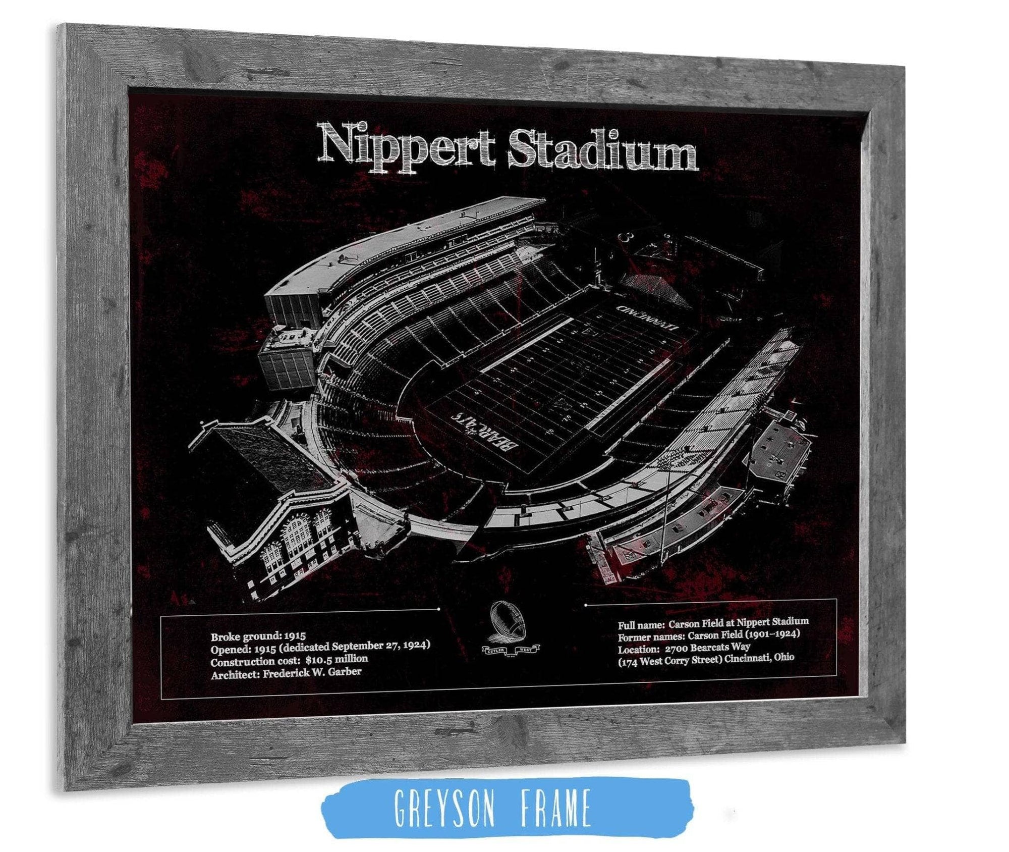 Cutler West Pro Football Collection 14" x 11" / Greyson Frame Cincinnati Bearcats - Vintage Nippert Stadium Team Color Art Print 9488864841_53430