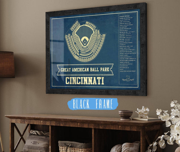 20" x 16" / Black Frame Cutler West Cincinnati Reds Great American Ballpark Seating Chart - Vintage Baseball Art Print