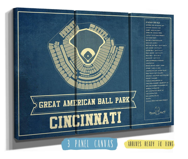36" x 24" / 3 Panel Canvas Wrap Cutler West Cincinnati Reds Great American Ballpark Seating Chart - Vintage Baseball Art Print