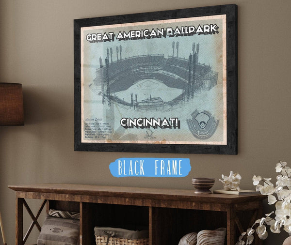 20" x 16" / Black Frame Cutler West Cincinnati Reds Great American Ballpark Seating Chart - Vintage Baseball Fan Print