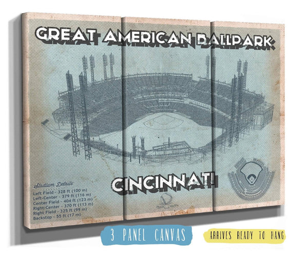 36" x 24" / 3 Panel Canvas Wrap Cutler West Cincinnati Reds Great American Ballpark Seating Chart - Vintage Baseball Fan Print