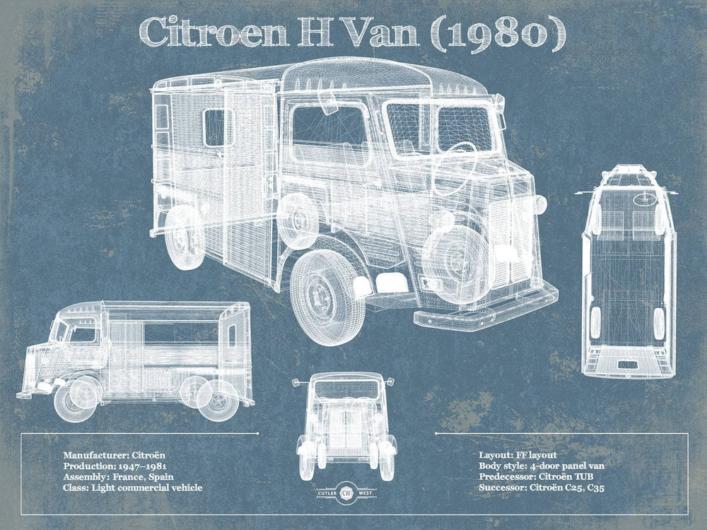 14" x 11" / Stretched Canvas Wrap Cutler West Citroen H Van (1980) Car Blueprint Vintage Auto Print