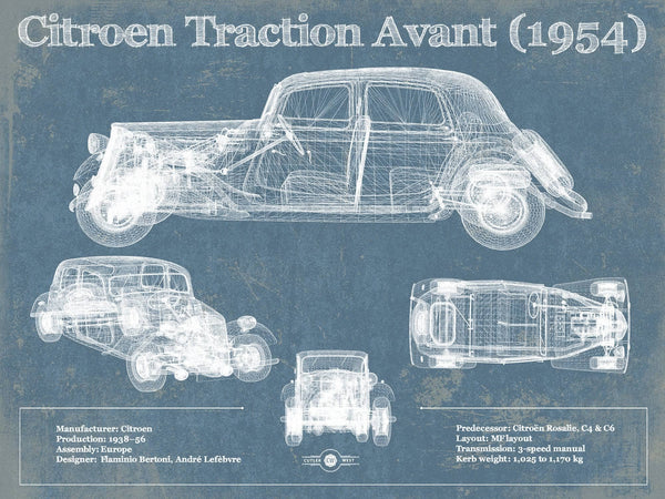 14" x 11" / Unframed Cutler West Citroen Traction Avant (1954) Vintage Blueprint Auto Print