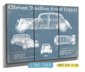 36" x 24" / 3 Panel Canvas Wrap Cutler West Citroen Traction Avant (1954) Vintage Blueprint Auto Print