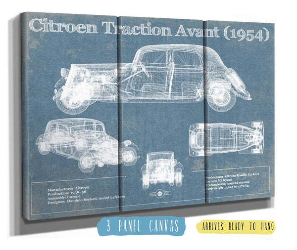 36" x 24" / 3 Panel Canvas Wrap Cutler West Citroen Traction Avant (1954) Vintage Blueprint Auto Print