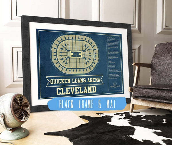 14" x 11" / Black Frame Mat Cutler West Cleveland Cavaliers Quicken Loans Arena Vintage Basketball Blueprint NBA Print