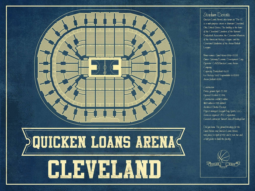 14" x 11" / Stretched Canvas Wrap Cutler West Cleveland Cavaliers Quicken Loans Arena Vintage Basketball Blueprint NBA Print