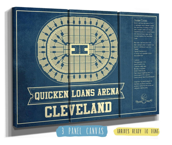36" x 24" / 3 Panel Canvas Wrap Cutler West Cleveland Cavaliers Quicken Loans Arena Vintage Basketball Blueprint NBA Print