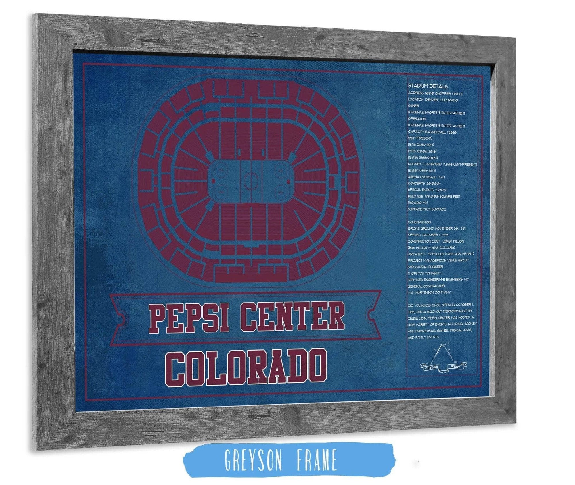 Cutler West 14" x 11" / Greyson Frame Colorado Avalanche Pepsi Center Seating Chart - Vintage Hockey Print 673820545-TEAM