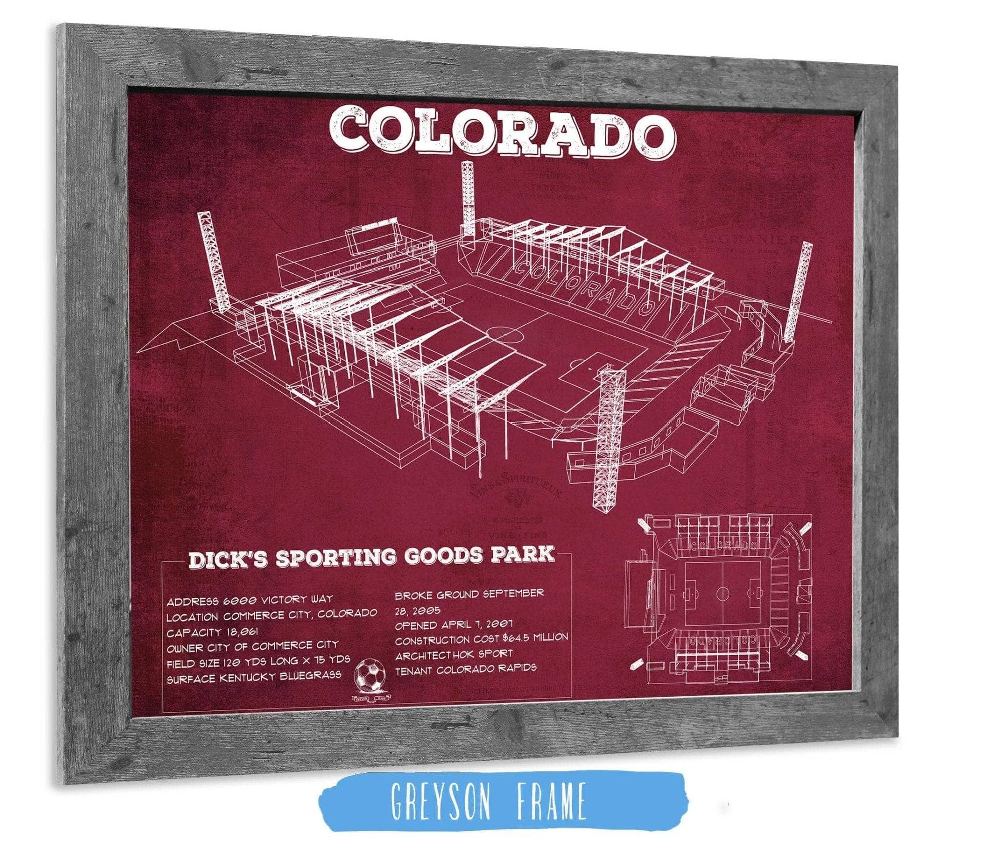 14" x 11" / Greyson Frame Cutler West Colorado Rapids MLS - Dick's Sporting Goods Park Vintage Soccer Print
