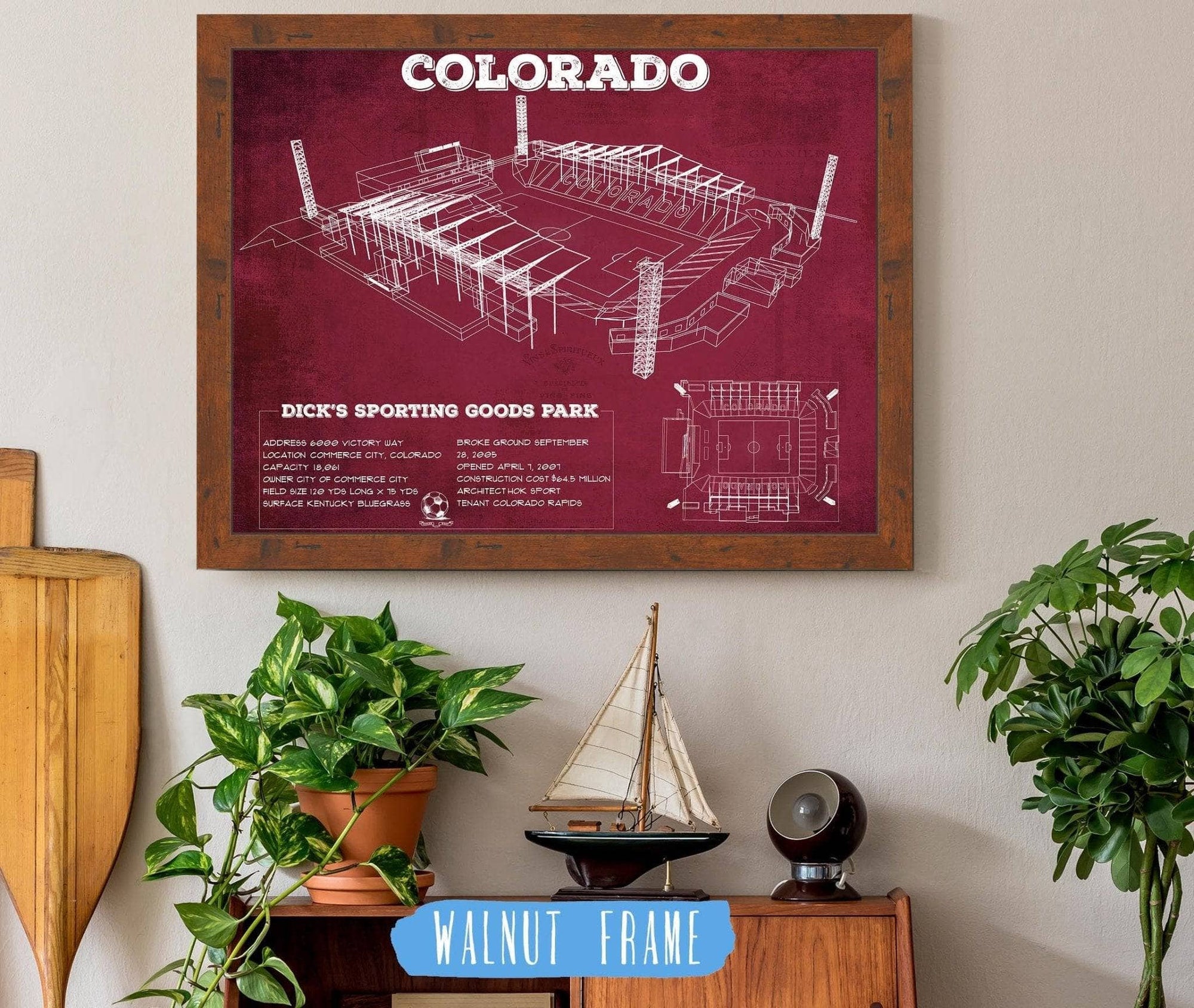 20" x 16" / Walnut Frame Cutler West Colorado Rapids MLS - Dick's Sporting Goods Park Vintage Soccer Print