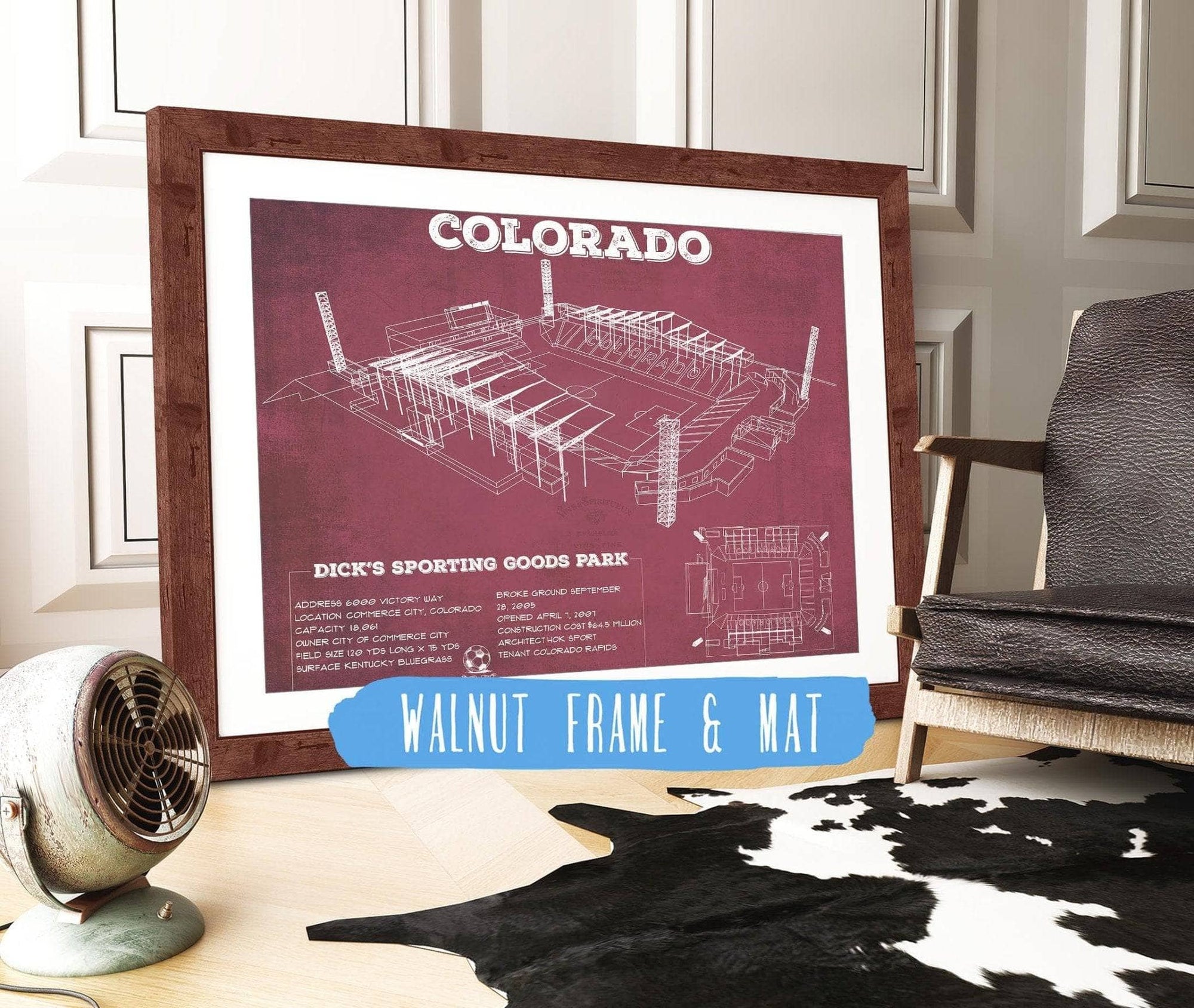 20" x 16" / Walnut Frame & Mat Cutler West Colorado Rapids MLS - Dick's Sporting Goods Park Vintage Soccer Print
