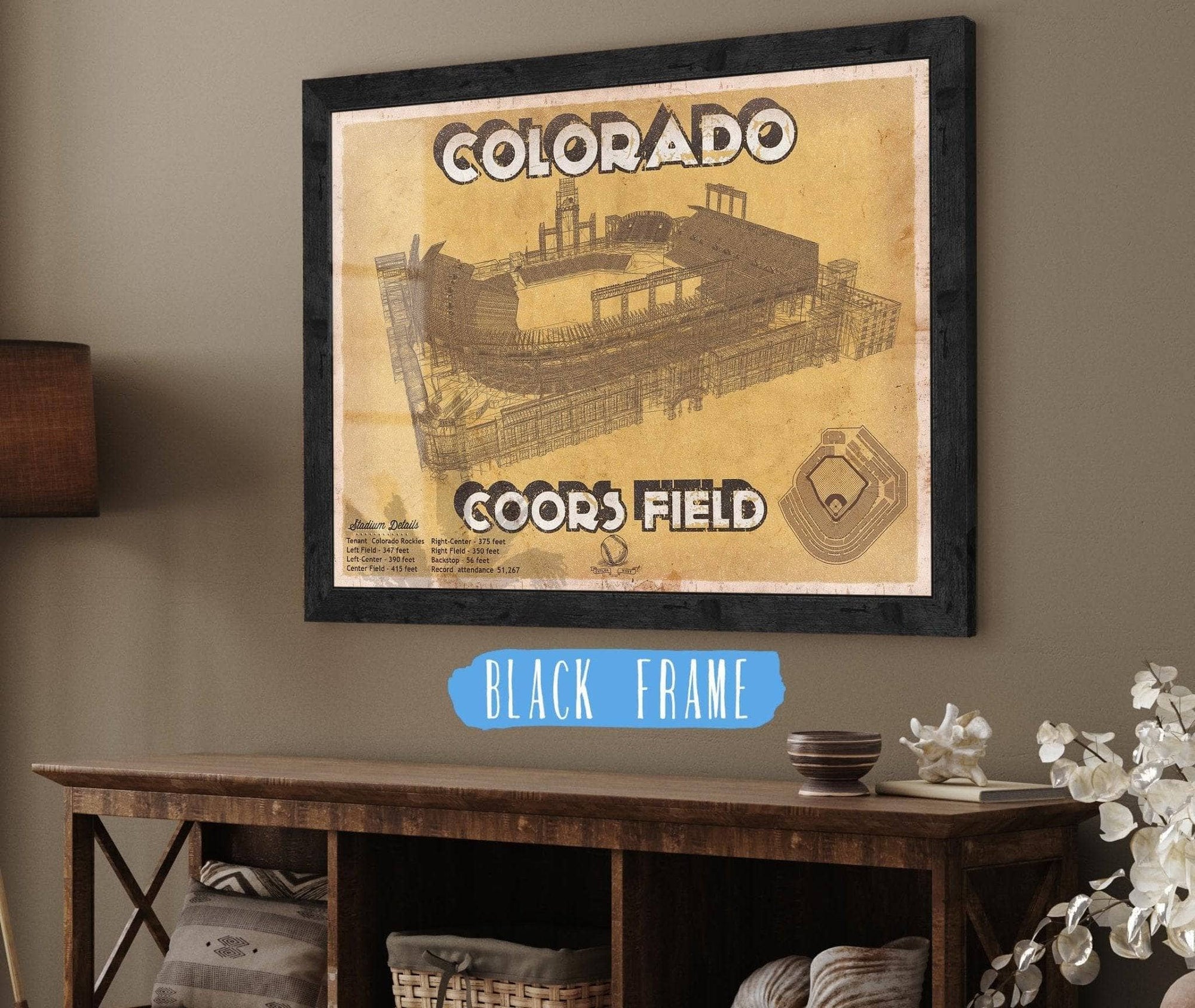 Cutler West Baseball Collection 14" x 11" / Black Frame Colorado Rockies Coors Field - Vintage Baseball Fan Print 701938734_54216