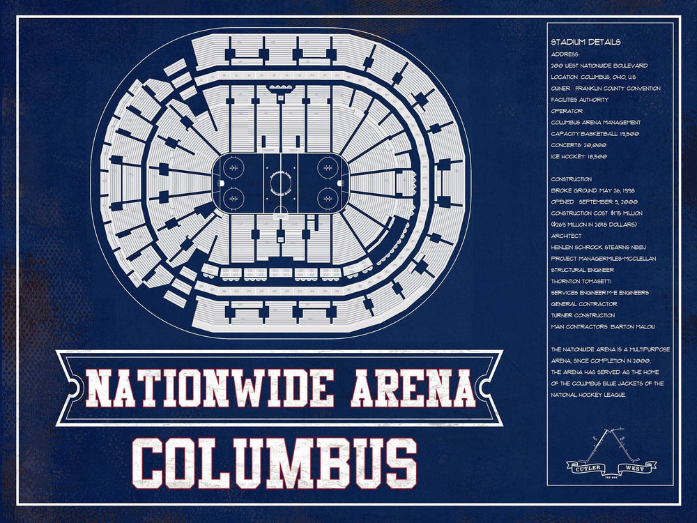 14" x 11" / Stretched Canvas Wrap Cutler West Columbus Blue Jackets Nationwide Arena Seating Chart - Vintage Hockey Print
