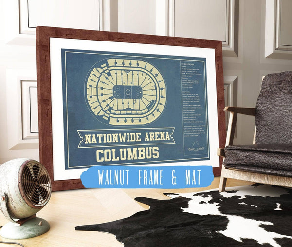 20" x 16" / Walnut Frame & Mat Cutler West Columbus Blue Jackets Nationwide Arena Seating Chart - Vintage Hockey Print