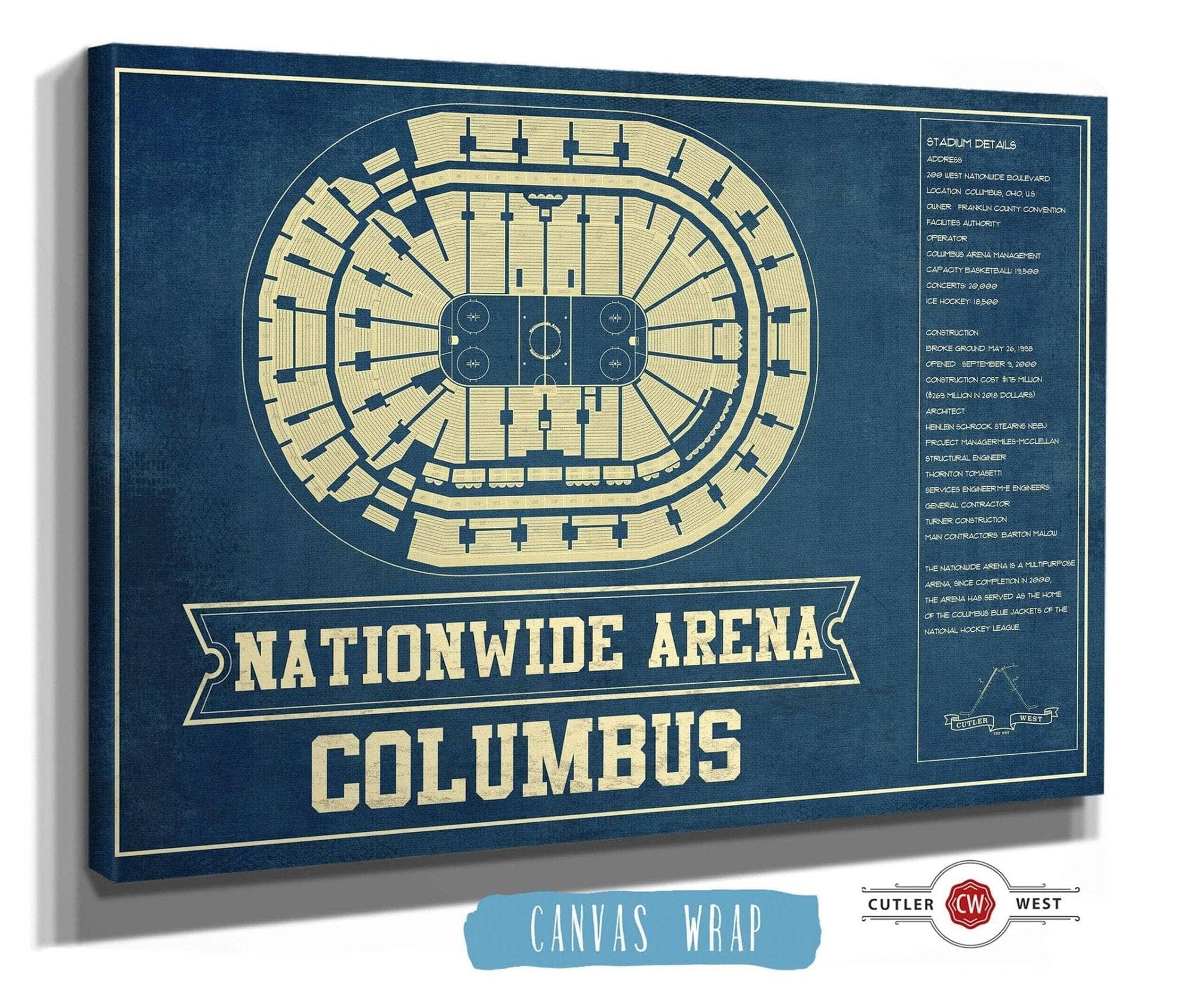 Cutler West 14" x 11" / Stretched Canvas Wrap Columbus Blue Jackets Nationwide Arena Seating Chart - Vintage Hockey Print 673820723_77954