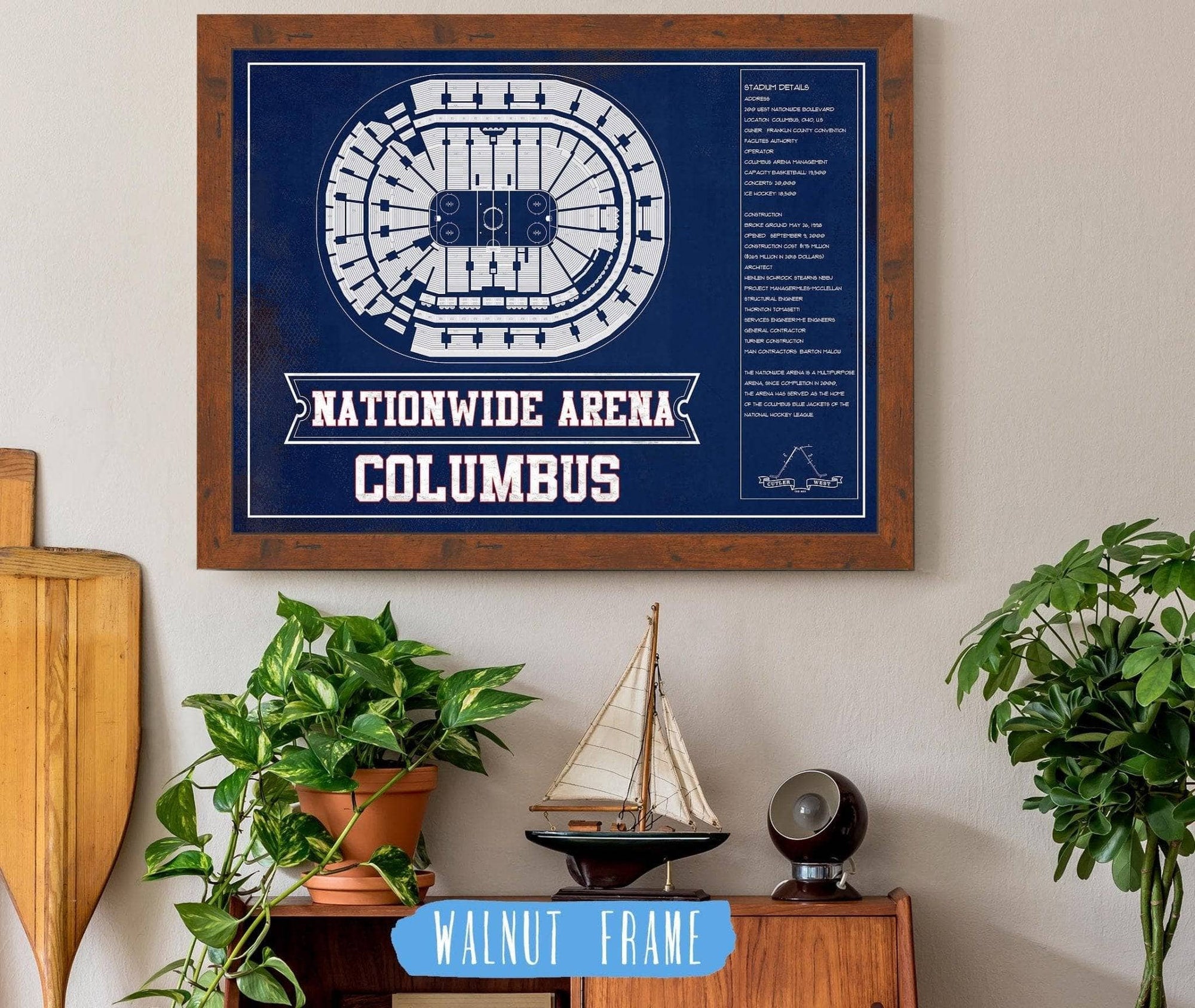 Cutler West 14" x 11" / Walnut Frame Columbus Blue Jackets Nationwide Arena Seating Chart - Vintage Hockey Print 673820723-TEAM