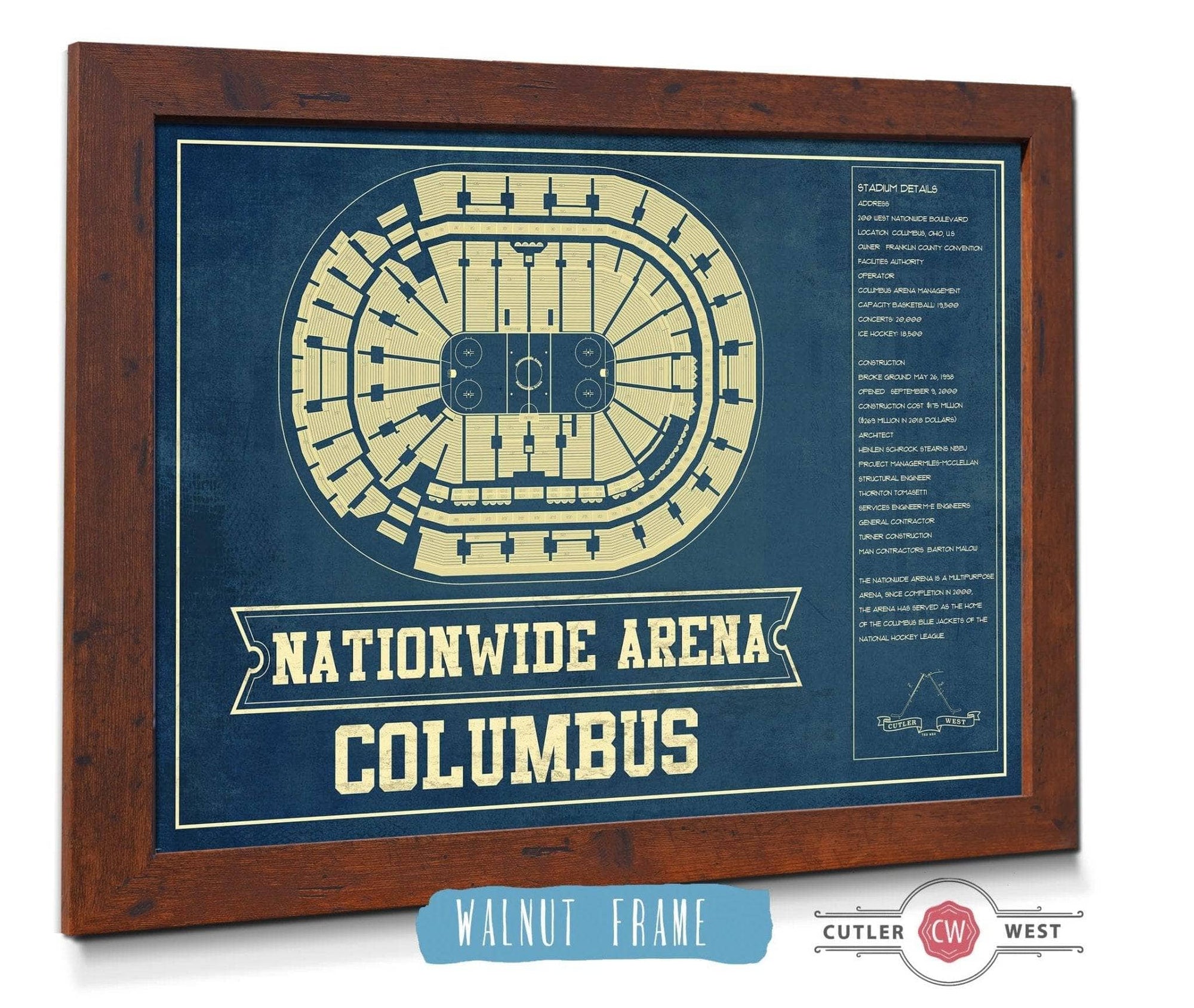 Cutler West 14" x 11" / Walnut Frame Columbus Blue Jackets Nationwide Arena Seating Chart - Vintage Hockey Print 673820723_77952