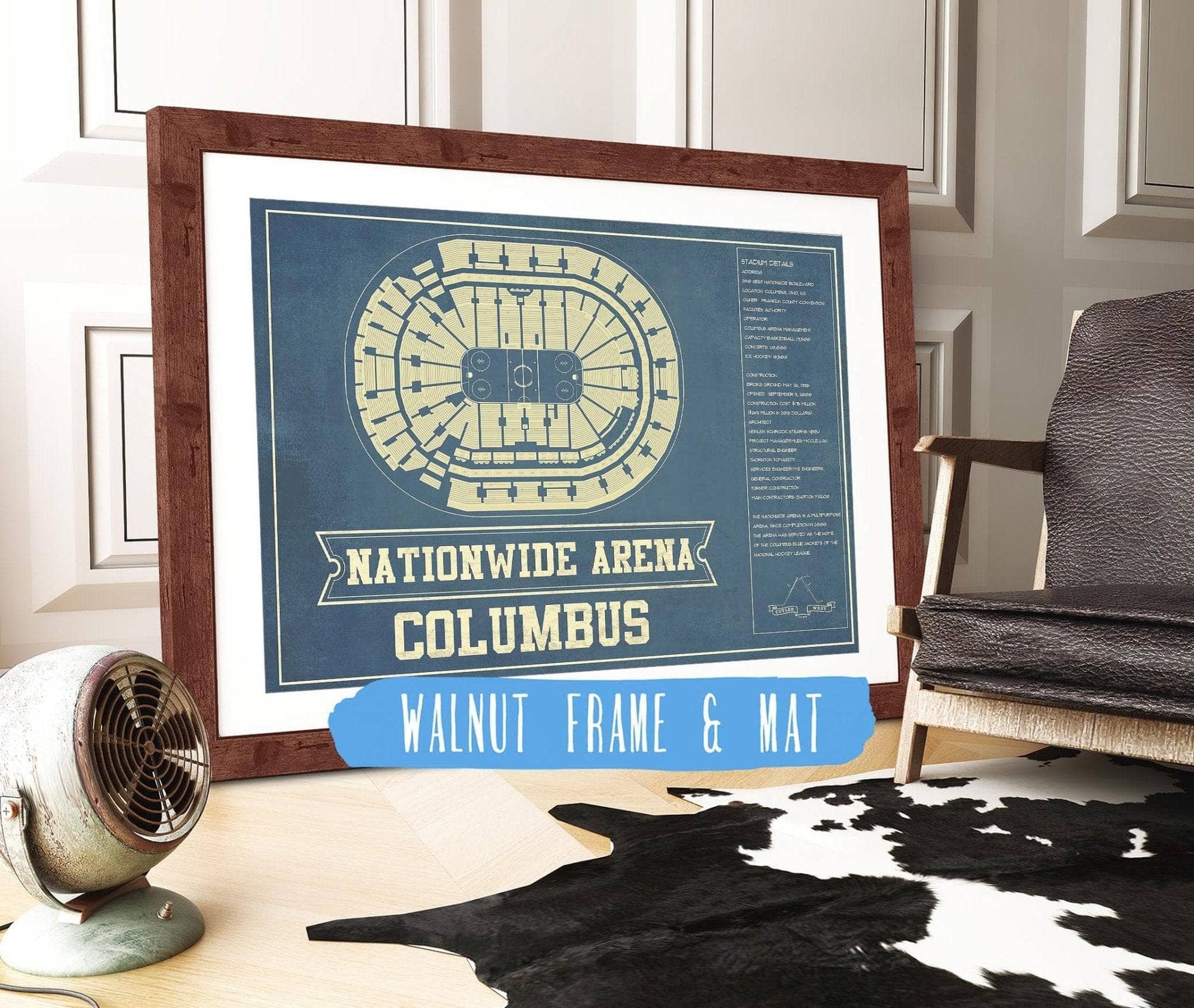 Cutler West 14" x 11" / Walnut Frame & Mat Columbus Blue Jackets Nationwide Arena Seating Chart - Vintage Hockey Print 673820723_77953