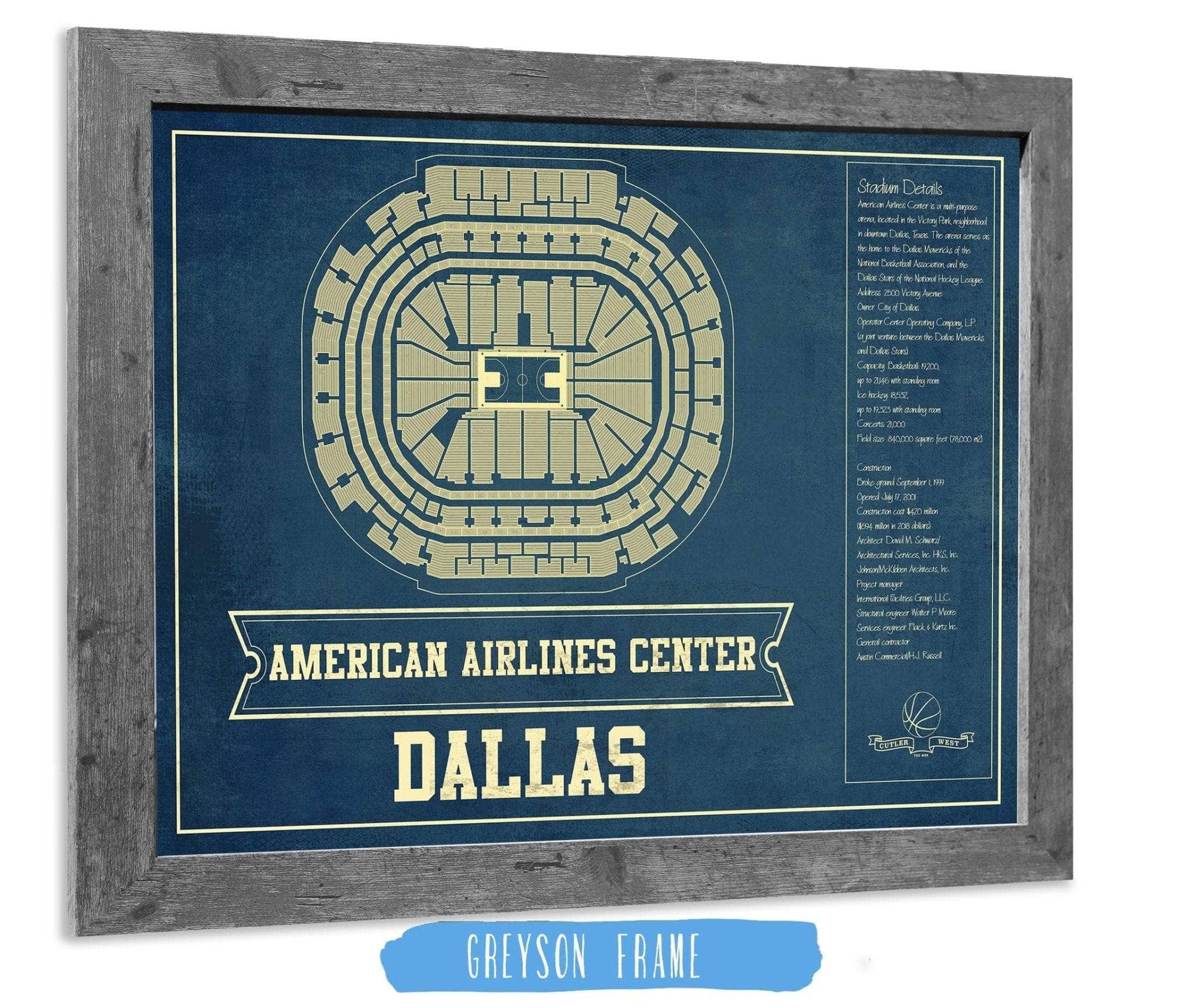 Cutler West Basketball Collection 14" x 11" / Greyson Frame Dallas Mavericks Vintage American Airlines Center NBA Print 933350162_76174