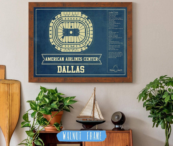 20" x 16" / Walnut Frame Cutler West Dallas Stars - American Airlines Center Vintage Hockey Blueprint NHL Print