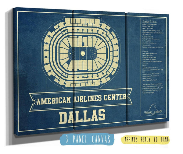 48" x 36" / 3 Panel Canvas Wrap Cutler West Dallas Stars - American Airlines Center Vintage Hockey Blueprint NHL Print
