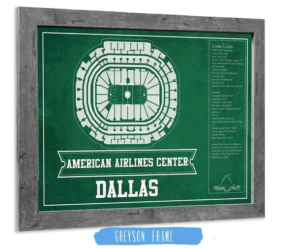 14" x 11" / Greyson Frame Cutler West Dallas Stars Team Colors - American Airlines Center Vintage Hockey Blueprint NHL Print