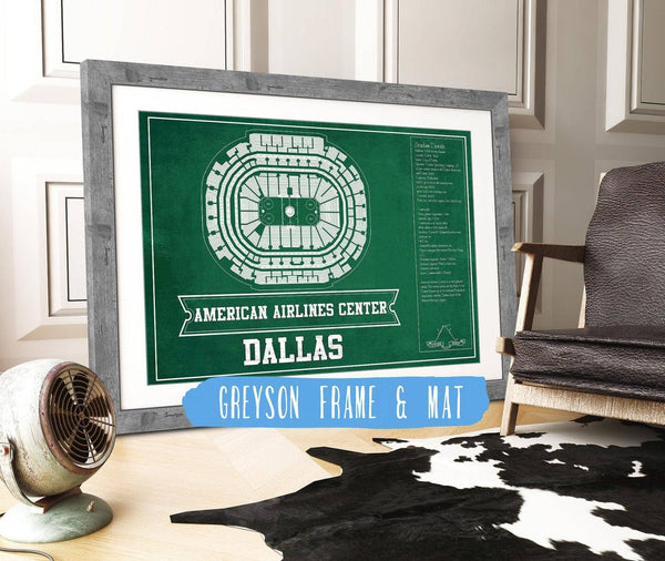 14" x 11" / Greyson Frame & Mat Cutler West Dallas Stars Team Colors - American Airlines Center Vintage Hockey Blueprint NHL Print