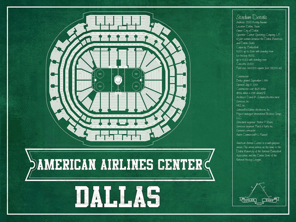 14" x 11" / Stretched Canvas Wrap Cutler West Dallas Stars Team Colors - American Airlines Center Vintage Hockey Blueprint NHL Print