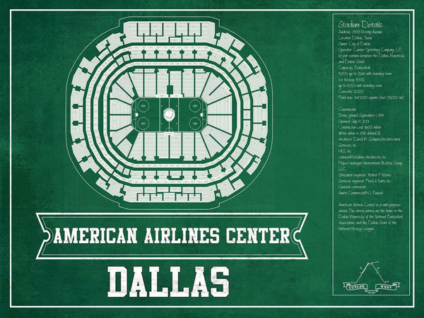 14" x 11" / Unframed Cutler West Dallas Stars Team Colors - American Airlines Center Vintage Hockey Blueprint NHL Print