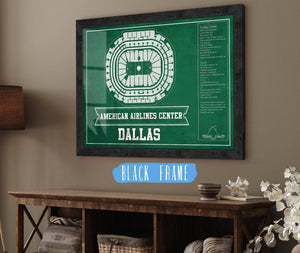 20" x 16" / Black Frame Cutler West Dallas Stars Team Colors - American Airlines Center Vintage Hockey Blueprint NHL Print