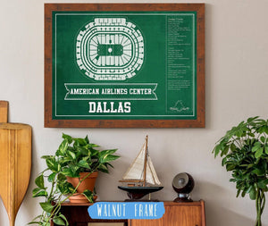 20" x 16" / Walnut Frame Cutler West Dallas Stars Team Colors - American Airlines Center Vintage Hockey Blueprint NHL Print