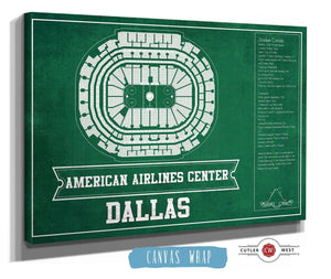 36" x 24" / 3 Panel Canvas Wrap Cutler West Dallas Stars Team Colors - American Airlines Center Vintage Hockey Blueprint NHL Print