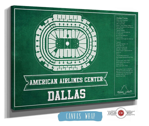 36" x 24" / 3 Panel Canvas Wrap Cutler West Dallas Stars Team Colors - American Airlines Center Vintage Hockey Blueprint NHL Print