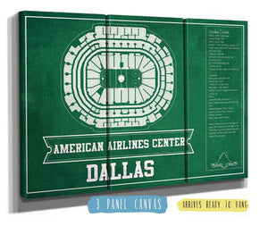 48" x 36" / 3 Panel Canvas Wrap Cutler West Dallas Stars Team Colors - American Airlines Center Vintage Hockey Blueprint NHL Print