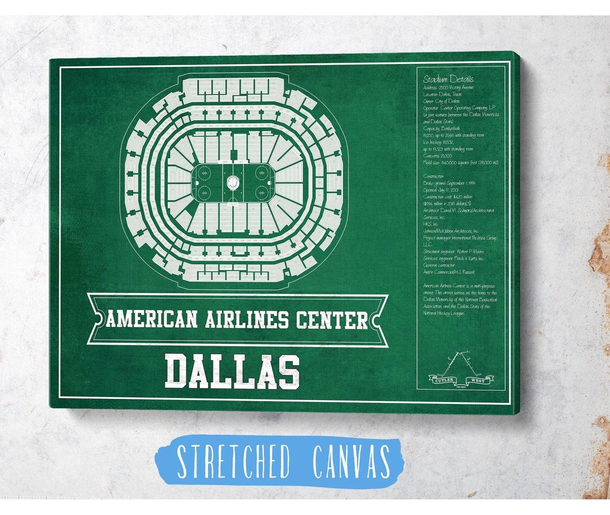 Cutler West Dallas Stars Team Colors - American Airlines Center Vintage Hockey Blueprint NHL Print