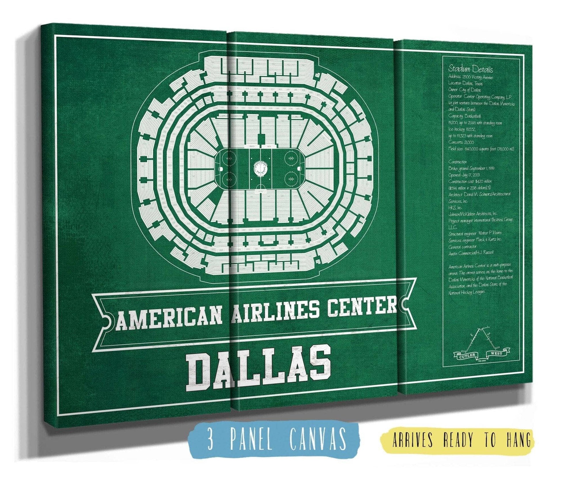 Cutler West 48" x 32" / 3 Panel Canvas Wrap Dallas Stars Team Colors - American Airlines Center Vintage Hockey Blueprint NHL Print _79451