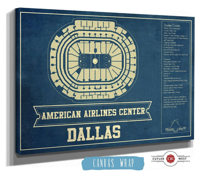 Cutler West 14" x 11" / Stretched Canvas Wrap Dallas Stars - American Airlines Center Vintage Hockey Blueprint NHL Print 933350191_79340