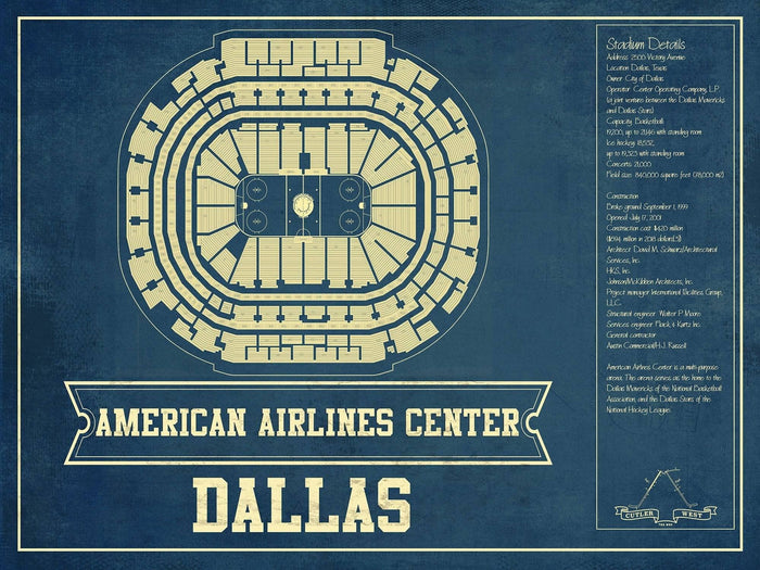 Cutler West 14" x 11" / Unframed Dallas Stars - American Airlines Center Vintage Hockey Blueprint NHL Print 933350191-14"-x-11"79335