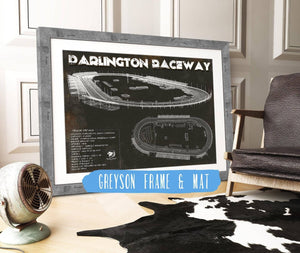 14" x 11" / Greyson Frame & Mat Cutler West Darlington Raceway Charcoal Blueprint NASCAR Race Track Print