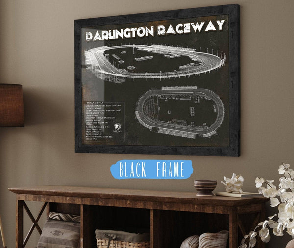 20" x 16" / Black Frame Cutler West Darlington Raceway Charcoal Blueprint NASCAR Race Track Print