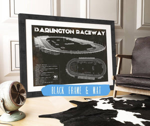 20" x 16" / Black Frame & Mat Cutler West Darlington Raceway Charcoal Blueprint NASCAR Race Track Print